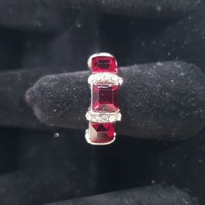 Silver-Tone Red Rectangular Cut Crystal Fashion Ring, Clear Baguettes, Size 5.25
